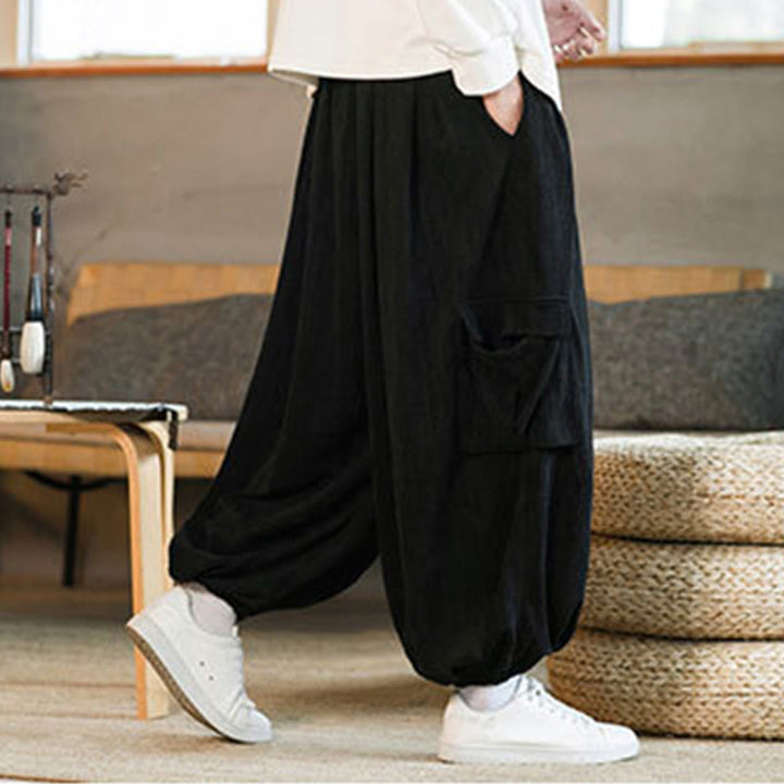 Pantaloni cargo in velluto a coste con coulisse e tasche da uomo Buddha Stones autunno inverno - image 3
