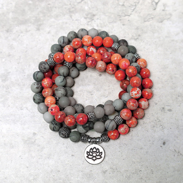 Buddha Stones 108 Mala Beads Pietra naturale Sedimento marino Jasper Lotus Bracciale di protezione