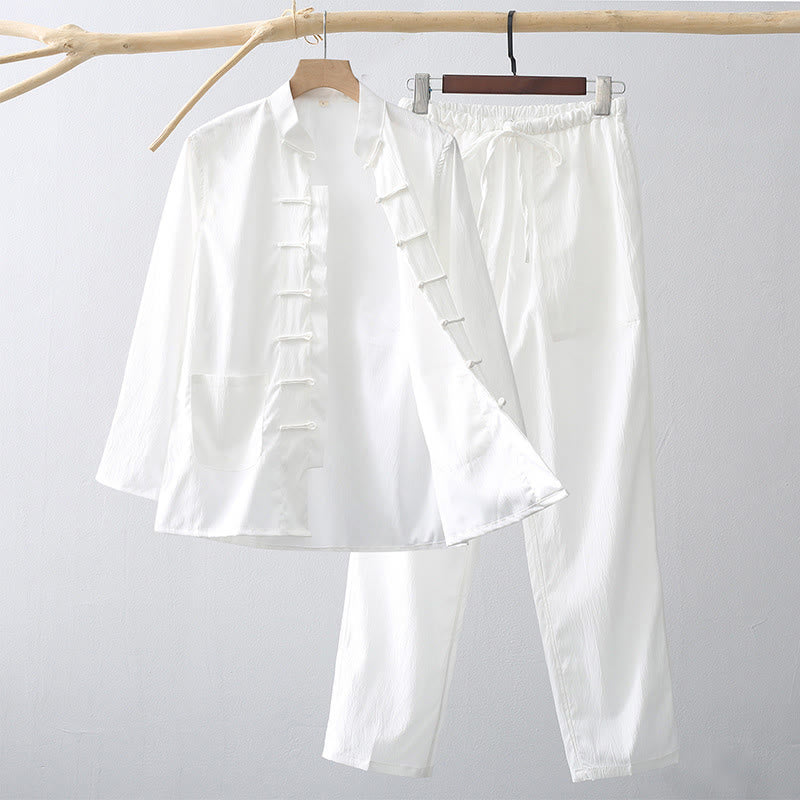 Set di 2 pezzi di abiti tradizionali da uomo con bottoni a rana, camicia a maniche lunghe e pantaloni, in Buddha Stones - Bianco - US/UK/AU44, EU54 (4XL) - image 9