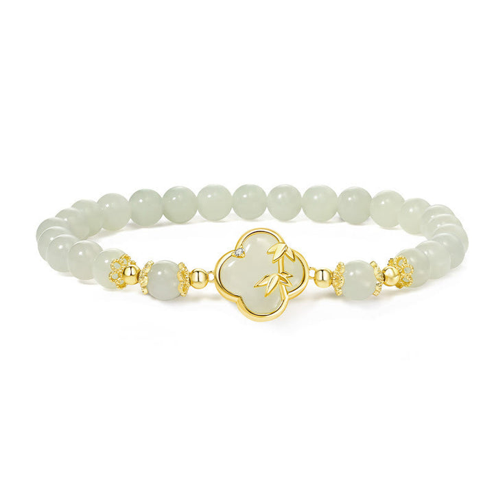 Braccialetto portafortuna in bambù con quadrifoglio in argento sterling 925, Buddha Stones , giada Hetian
