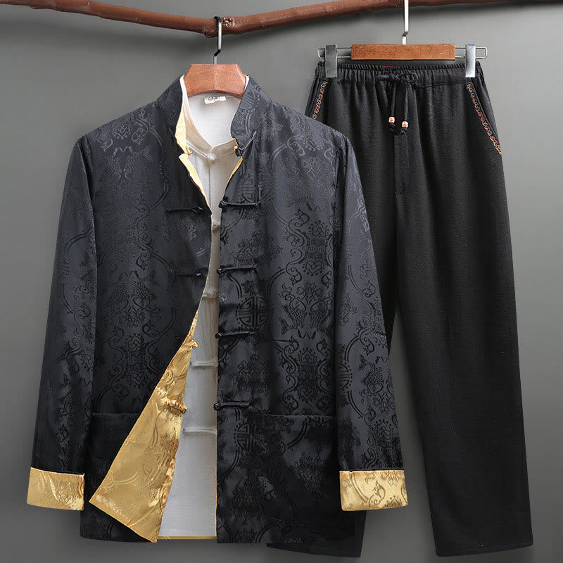 Buddha Stones 2 pezzi da uomo Tang Suit Koi Fish Pattern Frog-Button manica lunga camicia pantaloni set - Nero - US/UK/AU42, EU52 (3XL) - image 24