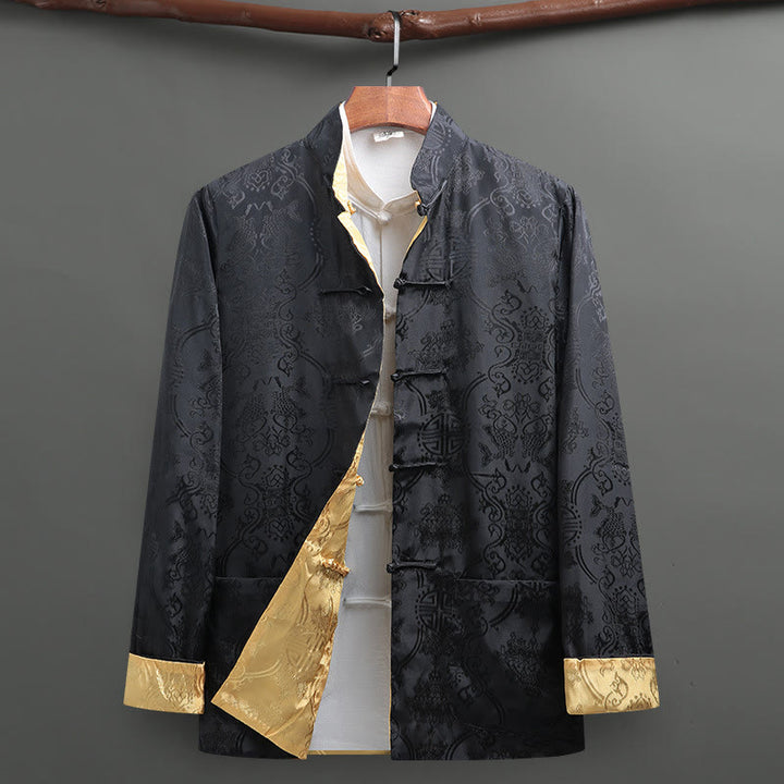 Abito da uomo Buddha Stones con bottoni a rana e motivo a pesci koi, maniche lunghe e tasche. - Nero+Giallo - US/UK/AU42, EU52 (3XL) - image 0