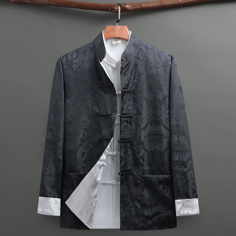 Abito da uomo Buddha Stones con bottoni a rana e motivo a pesci koi, maniche lunghe e tasche. - Nero + Grigio - US/UK/AU42, EU52 (3XL) - image 10