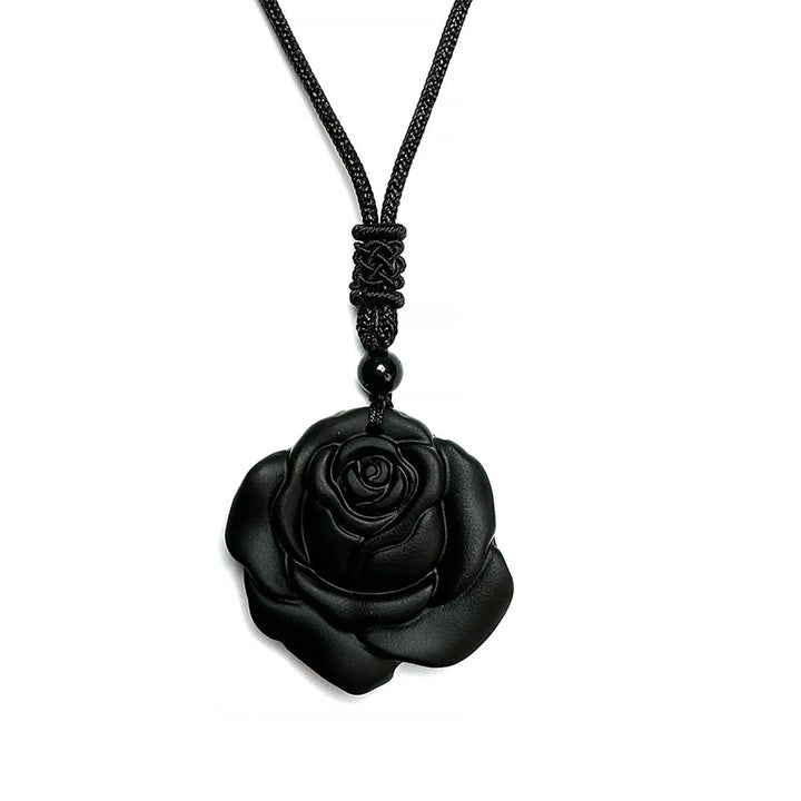 Collana con ciondolo di purificazione di rosa nera con corda di ossidiana nera Buddha Stones