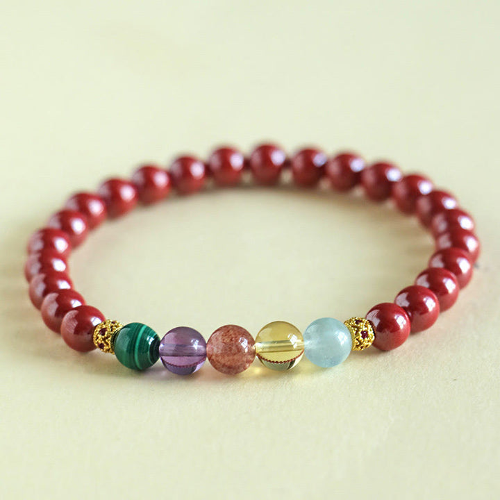 Braccialetto di benedizione Buddha Stones Cinnabar Acquamarina Citrino Quarzo Fragola Ametista Malachite