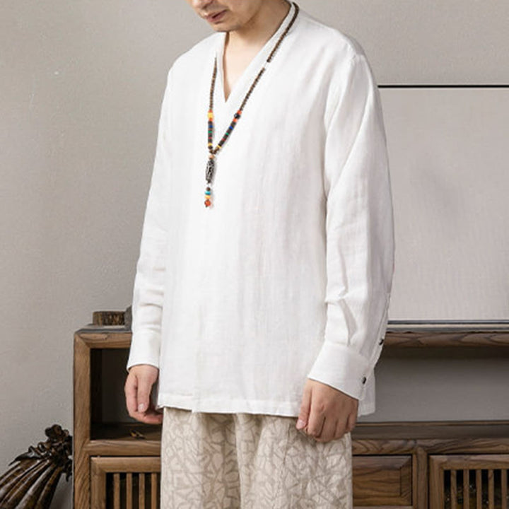 Camicia a maniche lunghe in lino da uomo con scollo a V e motivo Buddha Stones Zen Clothing - image 2