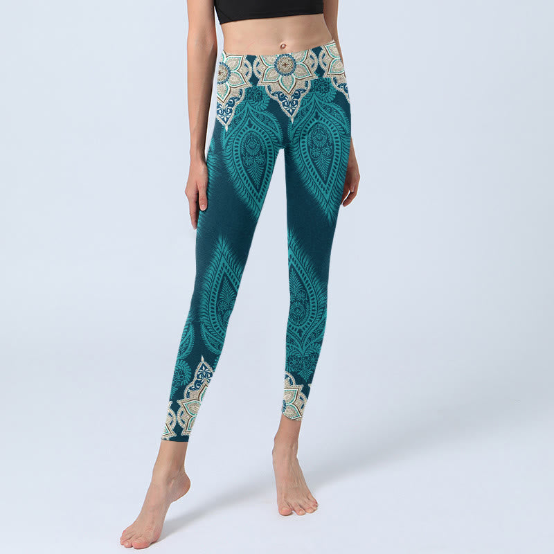 Leggings da palestra con stampa di fiori e piume verdi Buddha Stones, pantaloni da yoga da donna - image 5