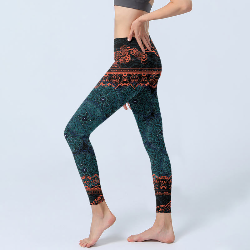 Leggings da palestra con stampa di fiori e mandala verde Buddha Stones, pantaloni da yoga da donna - image 2