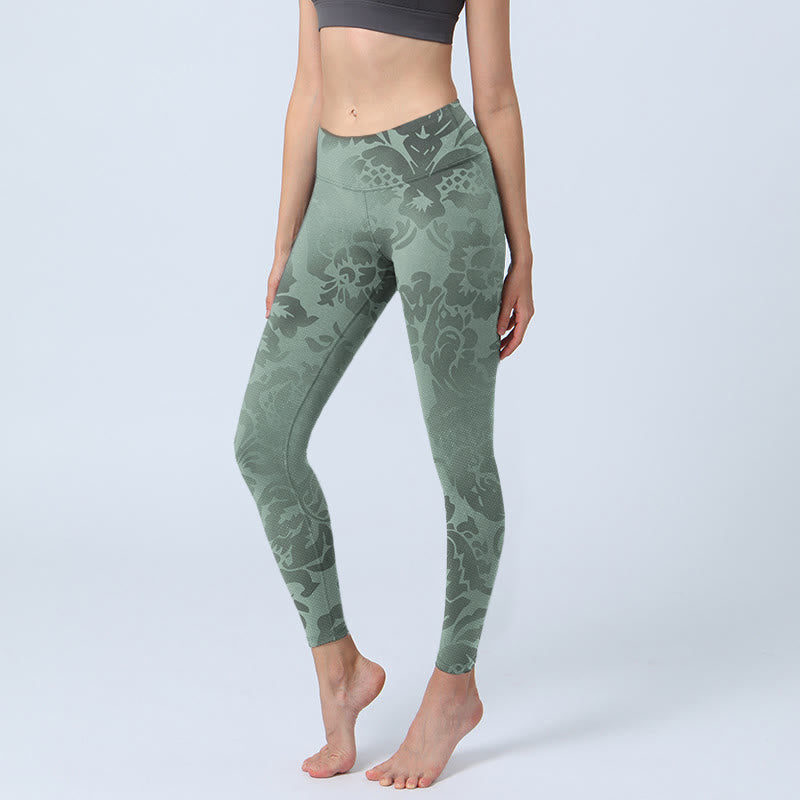 Leggings da palestra con stampa di foglie di fiori casual Buddha Stones da donna, pantaloni da yoga - Verde Mare Scuro - US18, UK/AU22, EU50 (4XL) - image 0
