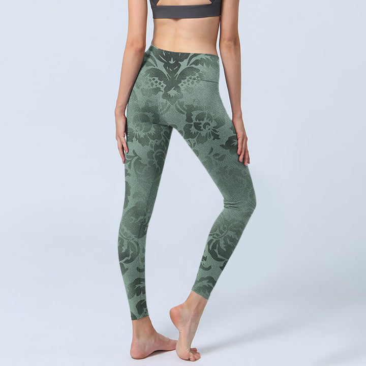 Leggings da palestra con stampa di foglie di fiori casual Buddha Stones da donna, pantaloni da yoga - image 4