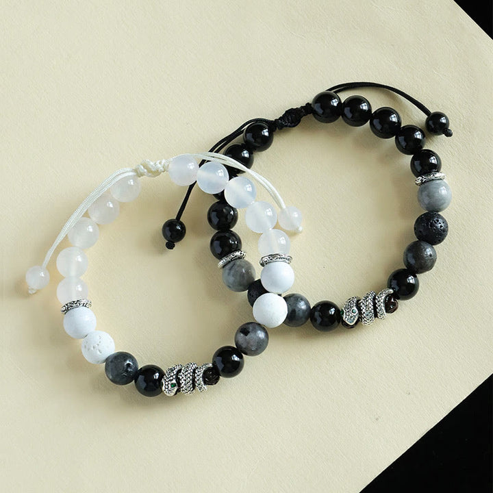 Buddha Stones Onice nero Pietra glitterata nera Agata bianca Turchese bianco Braccialetto di protezione dell'anno del serpente