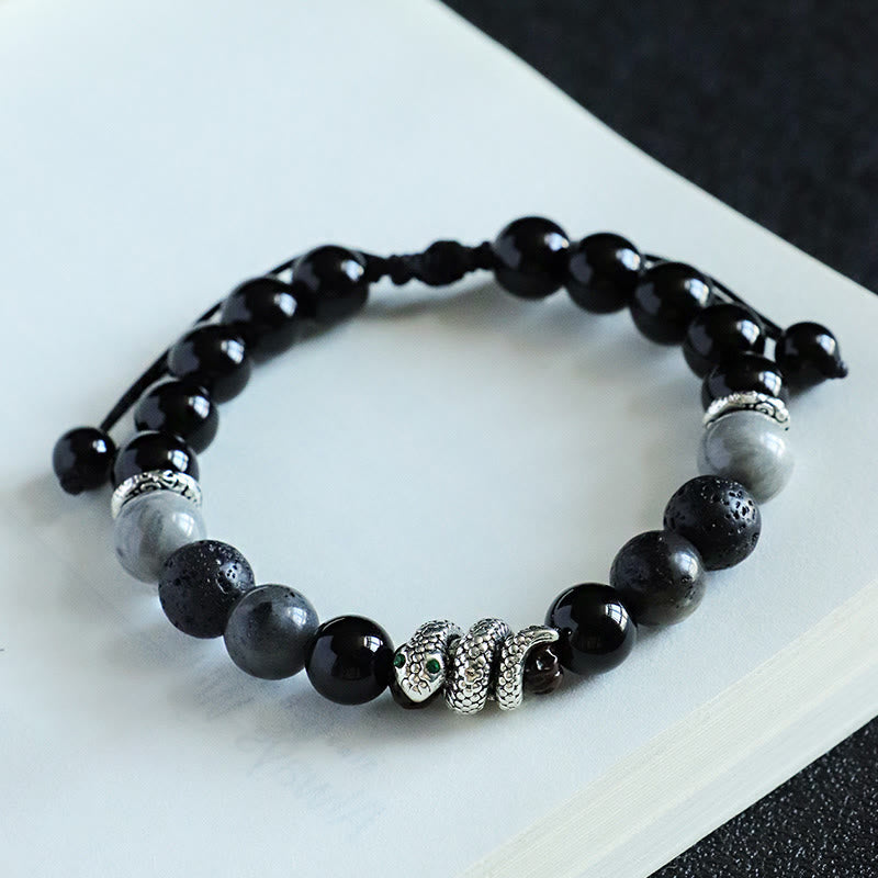 Buddha Stones Onice nero Pietra glitterata nera Agata bianca Turchese bianco Braccialetto di protezione dell'anno del serpente