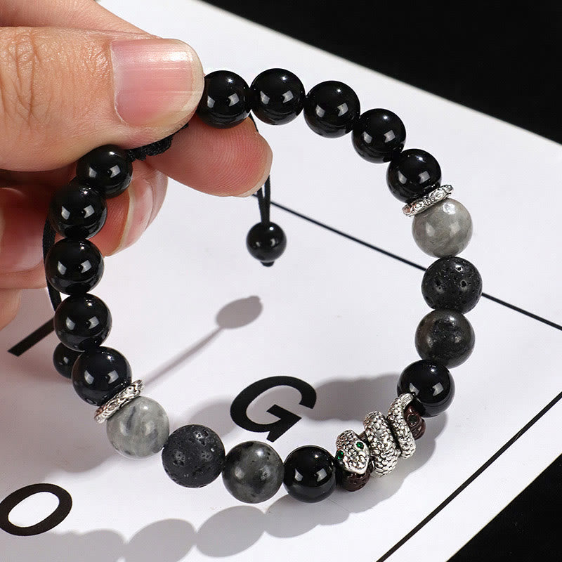 Buddha Stones Onice nero Pietra glitterata nera Agata bianca Turchese bianco Braccialetto di protezione dell'anno del serpente