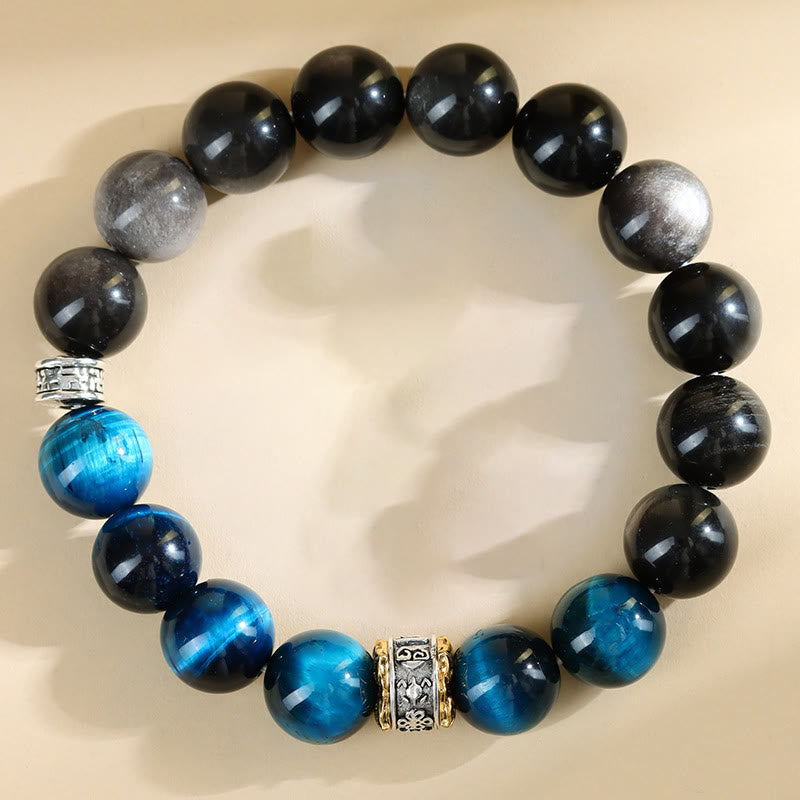 Bracciale Buddha Stones Occhio di Tigre Blu Argento Ossidiana Forza - Ossidiana argentata con occhio di tigre blu (circonferenza del polso: 14-16 cm) - image 0