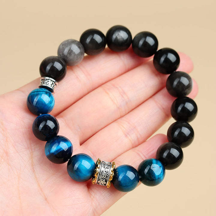 Bracciale Buddha Stones Occhio di Tigre Blu Argento Ossidiana Forza - image 7