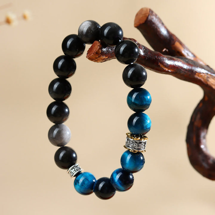 Bracciale Buddha Stones Occhio di Tigre Blu Argento Ossidiana Forza - image 4