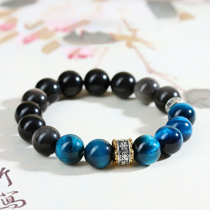 Bracciale Buddha Stones Occhio di Tigre Blu Argento Ossidiana Forza - image 8