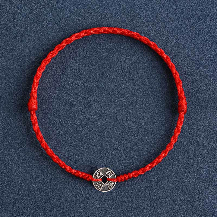 Buddha Stones Argento Sterling 925 Cinque monete dell'Imperatore Corda Rossa Protezione Fortuna Braccialetto Intrecciato Cavigliera - Moneta Shunzhi con filo rosso - Cavigliera (circonferenza 17-30 cm) - image 10