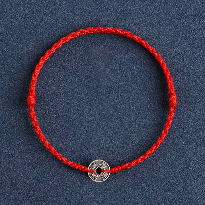 Buddha Stones Argento Sterling 925 Cinque monete dell'Imperatore Corda Rossa Protezione Fortuna Braccialetto Intrecciato Cavigliera - Moneta Kangxi con cordino rosso - Cavigliera (circonferenza 17-30 cm) - image 11