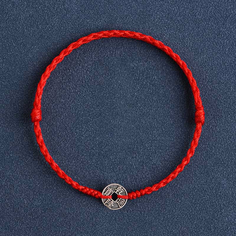Buddha Stones Argento Sterling 925 Cinque monete dell'Imperatore Corda Rossa Protezione Fortuna Braccialetto Intrecciato Cavigliera - Moneta Qianlong con cordino rosso - Cavigliera (circonferenza 17-30 cm) - image 12