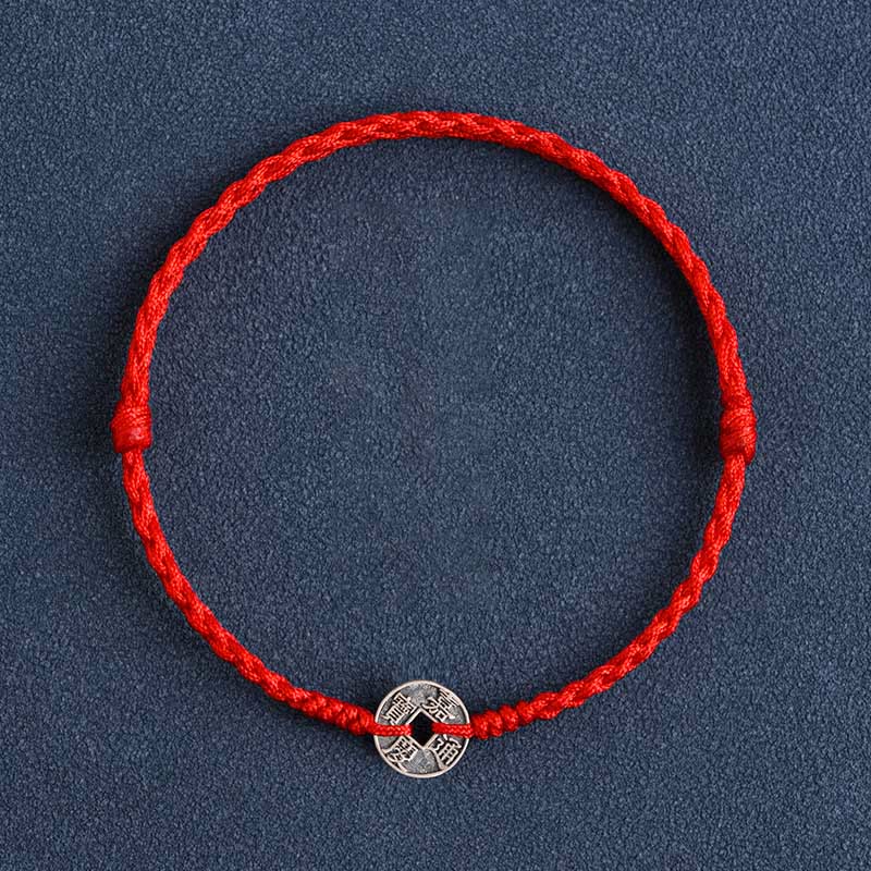 Buddha Stones Argento Sterling 925 Cinque monete dell'Imperatore Corda Rossa Protezione Fortuna Braccialetto Intrecciato Cavigliera - Moneta Jiaqing con cordino rosso - Cavigliera (circonferenza 17-30 cm) - image 13