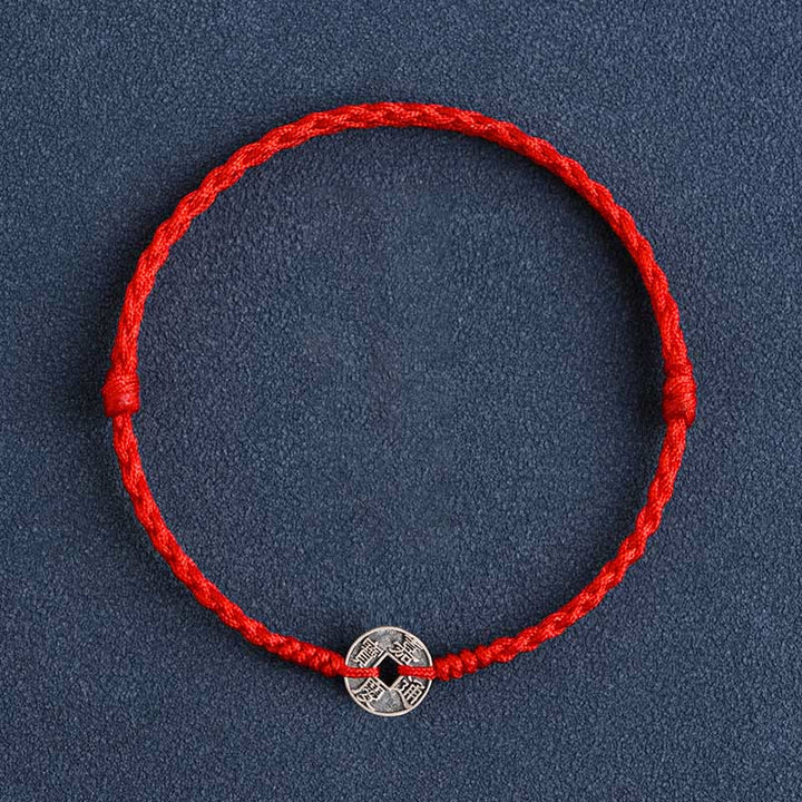 Buddha Stones Argento Sterling 925 Cinque monete dell'Imperatore Corda Rossa Protezione Fortuna Braccialetto Intrecciato Cavigliera - Moneta Jiaqing con cordino rosso - Cavigliera (circonferenza 17-30 cm) - image 13