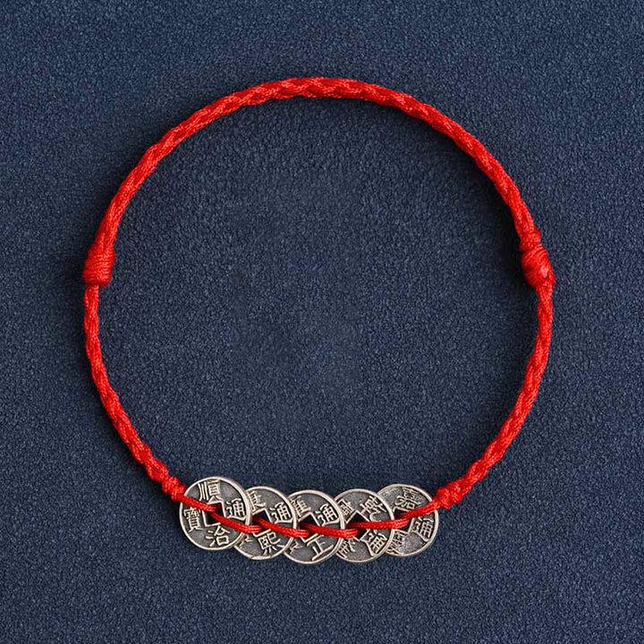 Buddha Stones Argento Sterling 925 Cinque monete dell'Imperatore Corda Rossa Protezione Fortuna Braccialetto Intrecciato Cavigliera - Filo rosso Cinque monete dell'imperatore - Cavigliera (circonferenza 17-30 cm) - image 14