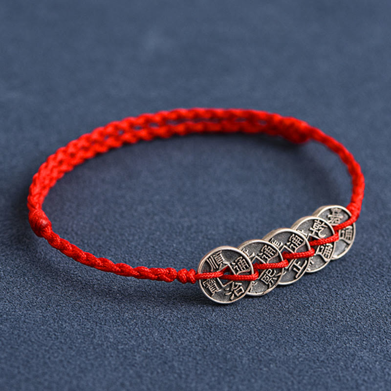 Buddha Stones Argento Sterling 925 Cinque monete dell'Imperatore Corda Rossa Protezione Fortuna Braccialetto Intrecciato Cavigliera - image 15