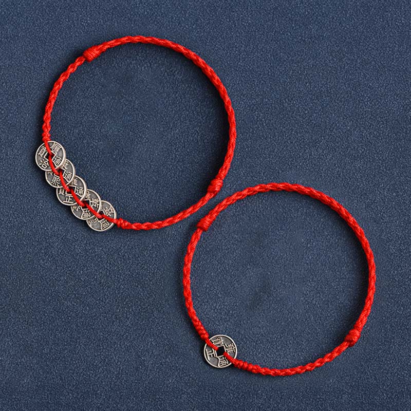 Buddha Stones Argento Sterling 925 Cinque monete dell'Imperatore Corda Rossa Protezione Fortuna Braccialetto Intrecciato Cavigliera - image 16