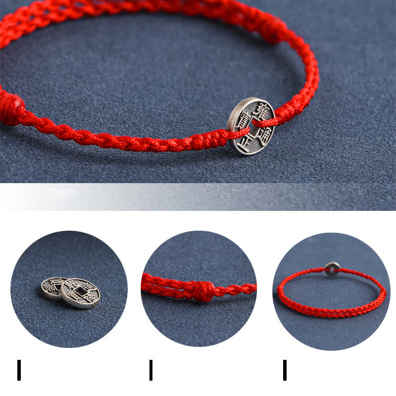 Buddha Stones Argento Sterling 925 Cinque monete dell'Imperatore Corda Rossa Protezione Fortuna Braccialetto Intrecciato Cavigliera - image 4