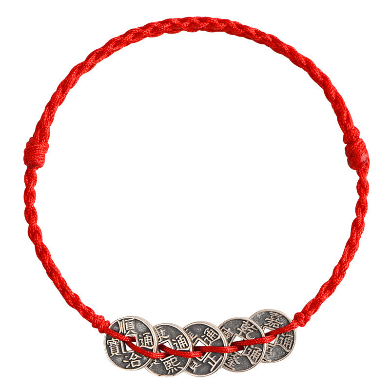 Buddha Stones Argento Sterling 925 Cinque monete dell'Imperatore Corda Rossa Protezione Fortuna Braccialetto Intrecciato Cavigliera - image 17