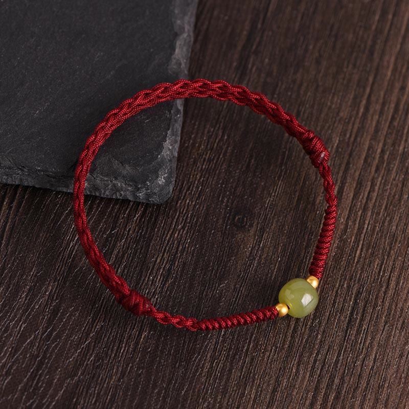 Buddha Stones Giada naturale Hetian Perline d'oro 999 Protezione Fortuna Bracciale intrecciato Cavigliera - corda rosso scuro - Perle di giada Hetian in oro 999 - Cavigliera (circonferenza 17-30 cm) - image 2