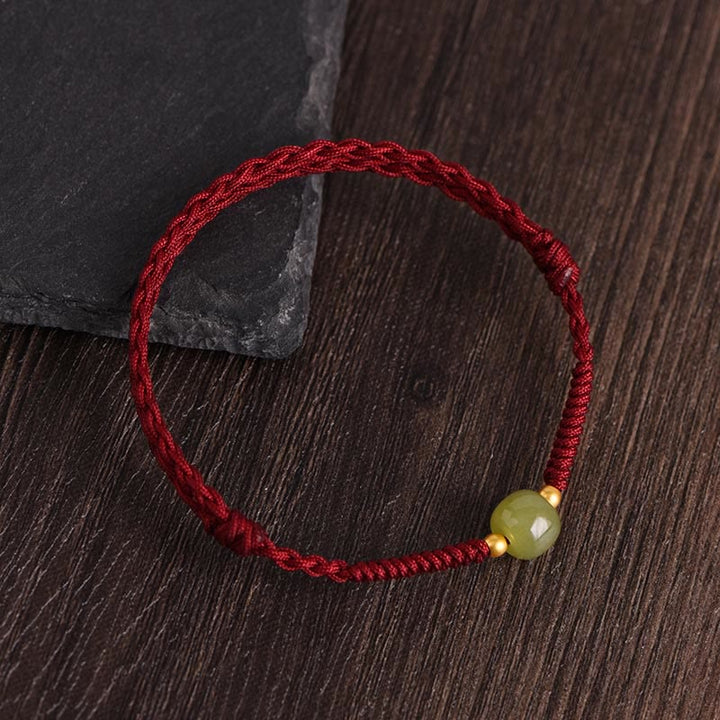 Buddha Stones Giada naturale Hetian Perline d'oro 999 Protezione Fortuna Bracciale intrecciato Cavigliera - corda rosso scuro - Perle di giada Hetian in oro 999 - Cavigliera (circonferenza 17-30 cm) - image 2