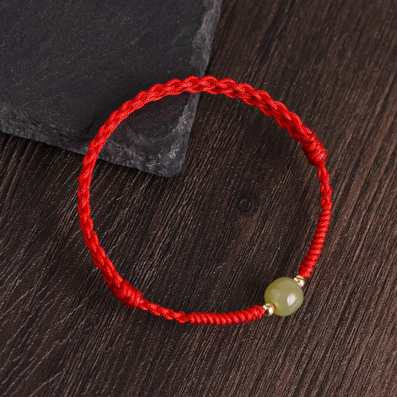Buddha Stones Giada naturale Hetian Perline d'oro 999 Protezione Fortuna Bracciale intrecciato Cavigliera - Corda rossa - Perle di giada Hetian in oro 14 carati - Cavigliera (circonferenza 17-30 cm) - image 10