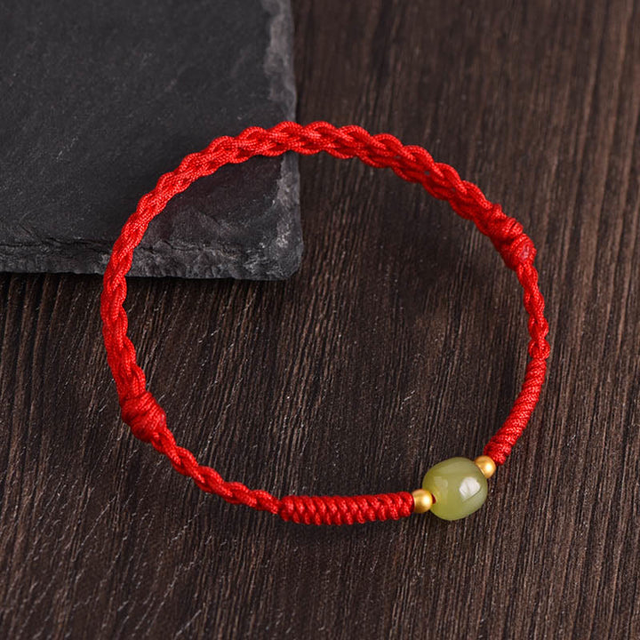Buddha Stones Giada naturale Hetian Perline d'oro 999 Protezione Fortuna Bracciale intrecciato Cavigliera - Corda rossa - Perle di giada Hetian in oro 999 - Cavigliera (circonferenza 17-30 cm) - image 11