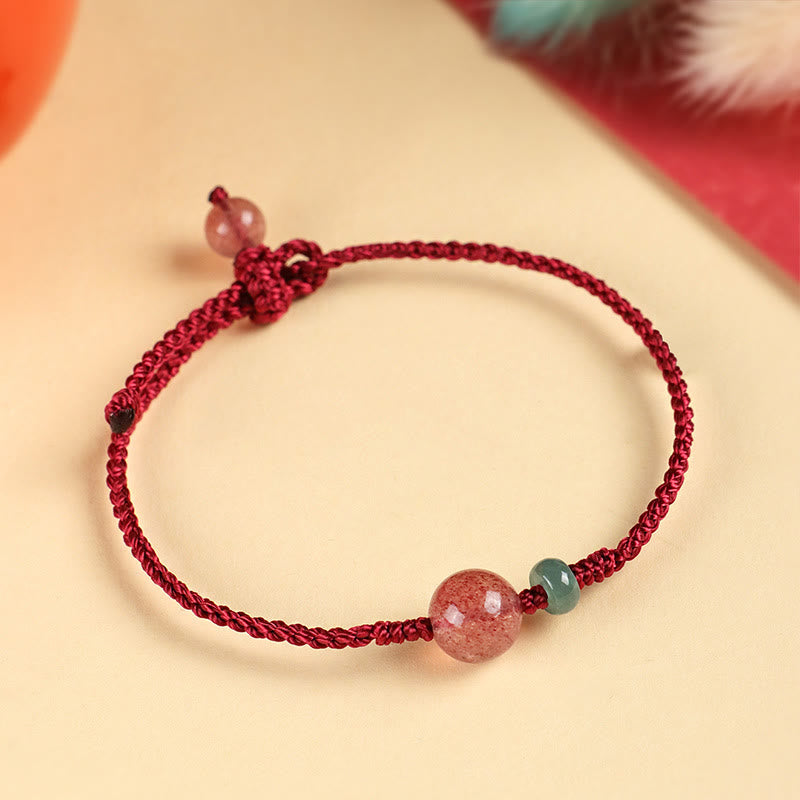 Braccialetto positivo in corda rossa con agata bianca, giada e quarzo fragola naturale Buddha Stones