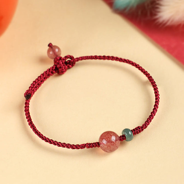 Braccialetto positivo in corda rossa con agata bianca, giada e quarzo fragola naturale Buddha Stones