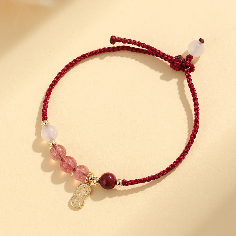 Braccialetto positivo in corda rossa con agata bianca, giada e quarzo fragola naturale Buddha Stones