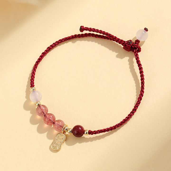 Braccialetto positivo in corda rossa con agata bianca, giada e quarzo fragola naturale Buddha Stones