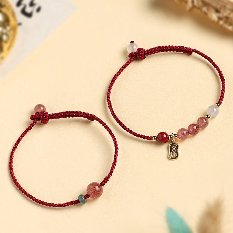 Braccialetto positivo in corda rossa con agata bianca, giada e quarzo fragola naturale Buddha Stones