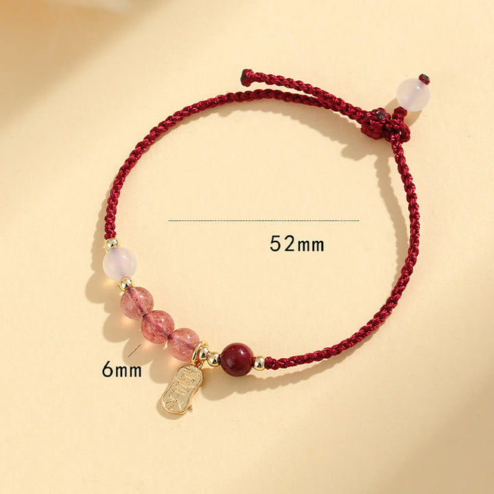 Braccialetto positivo in corda rossa con agata bianca, giada e quarzo fragola naturale Buddha Stones