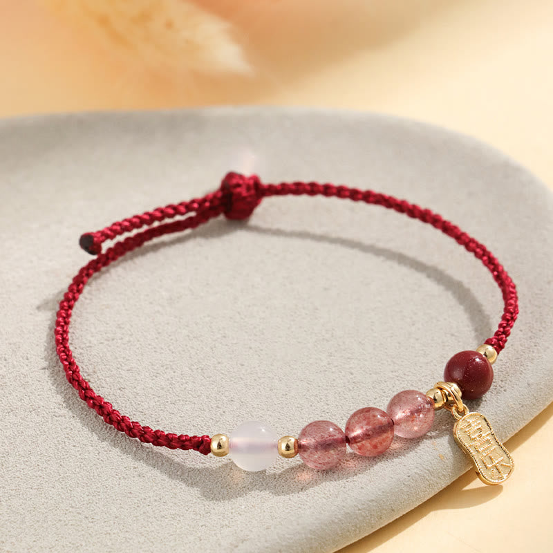 Braccialetto positivo in corda rossa con agata bianca, giada e quarzo fragola naturale Buddha Stones