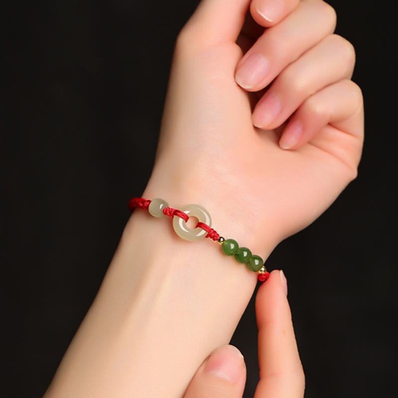Buddha Stones Pulsera de protección de la suerte con hilo rojo y hebilla de paz de jade hetiano natural