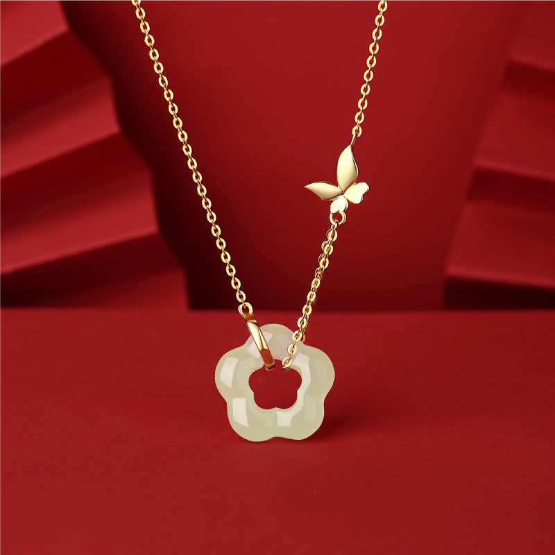 Collana con ciondolo a forma di fiore di giada Hetian con farfalla in argento sterling 925 Buddha Stones - Placcato oro 22k - image 0