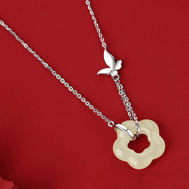 Collana con ciondolo a forma di fiore di giada Hetian con farfalla in argento sterling 925 Buddha Stones - Oro bianco - image 7
