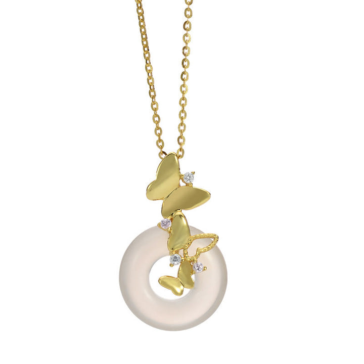 Buddha Stones 925 Sterling Silver Butterfly Calcedonio Pace Fibbia Benedizione Fortuna Collana Pendente - image 1