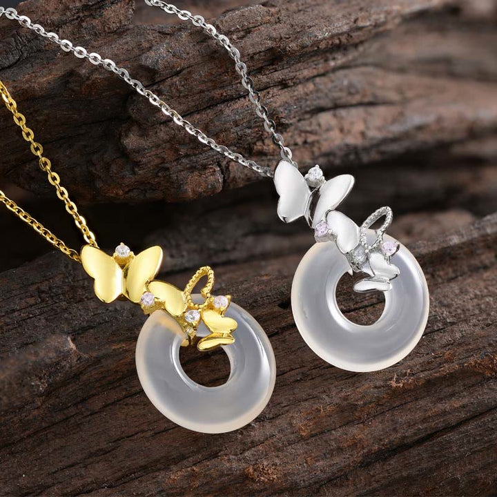 Buddha Stones 925 Sterling Silver Butterfly Calcedonio Pace Fibbia Benedizione Fortuna Collana Pendente - image 3