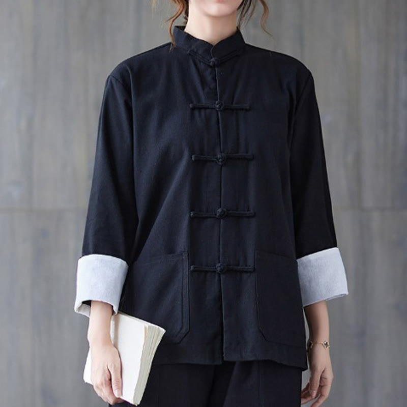 Camicia a maniche lunghe e pantaloni da donna Buddha Stones con bottoni a rana, abbigliamento da meditazione - Camicia nera - US8-10, UK/AU12-14, EU40-42 (2XL) - image 4