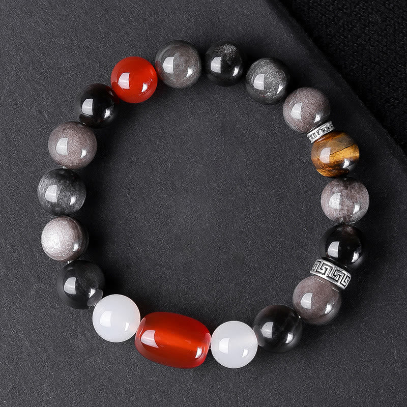 Buddha Stones Argento Naturale Lucentezza Ossidiana Occhio di Tigre Sei Vere Parole 'om Mani Padme Hum' Braccialetto della Forza