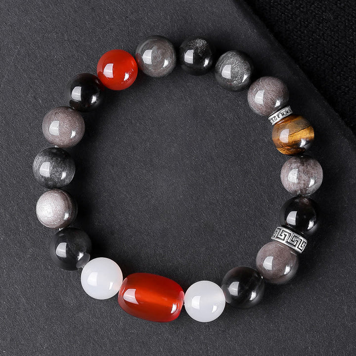 Buddha Stones Argento Naturale Lucentezza Ossidiana Occhio di Tigre Sei Vere Parole 'om Mani Padme Hum' Braccialetto della Forza